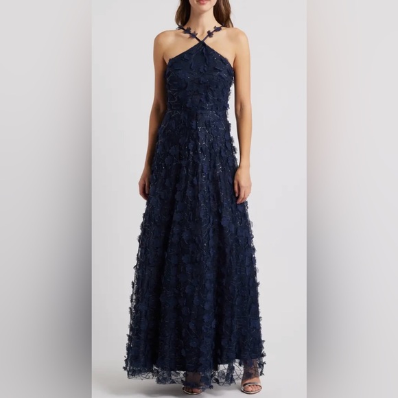 NWOT Eliza J Floating 3D Flowers Halter Style Navy Blue Ball Gown Sz 10 - Picture 1 of 10